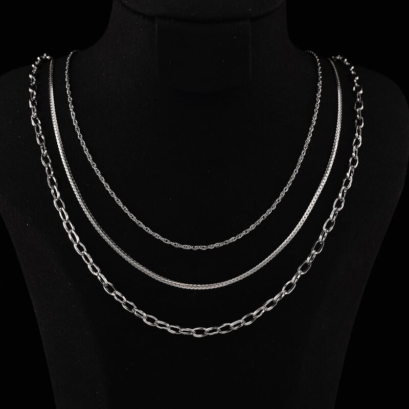  Set of 3 Fine, Link and Twisted Rope Chain Necklace in Stainless Steel 20-22 Inches