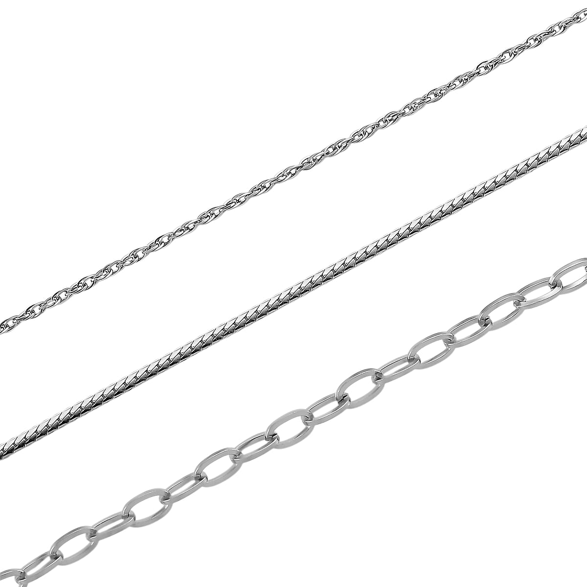 Doorbuster Set of 3 Fine, Link and Twisted Rope Chain Necklace in Stainless Steel 20-22 Inches image number 3