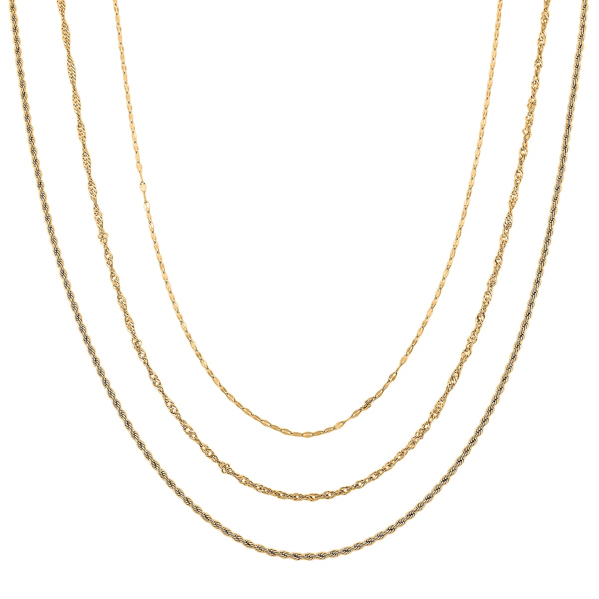 Doorbuster Set of 3 Rope, Link and Delicate Cable Chain Necklace in ION Plated YG Stainless Steel 20-22 Inches image number 0