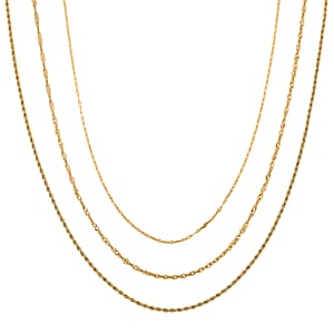Doorbuster Set of 3 Rope, Link and Delicate Cable Chain Necklace in ION Plated YG Stainless Steel 20-22 Inches