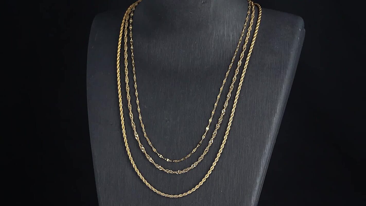Set of 3 Chain Necklace in ION Plated YG Stainless Steel (Rope Chain, Link Chain and Cable Chain) (20-22 Inches)