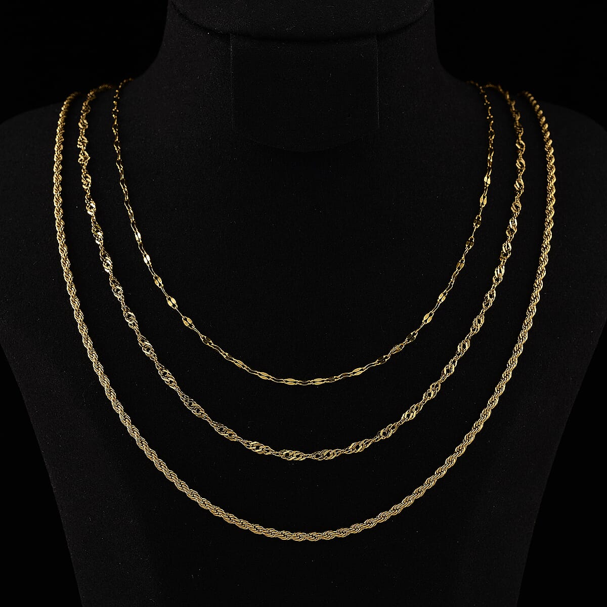 Doorbuster Set of 3 Rope, Link and Delicate Cable Chain Necklace in ION Plated YG Stainless Steel 20-22 Inches image number 1