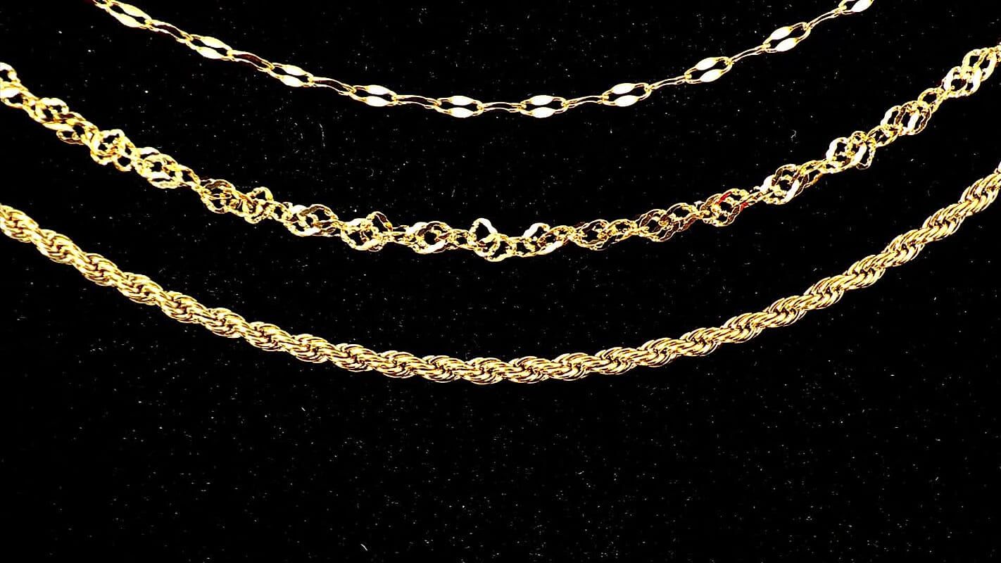 Set of 3 Chain Necklace in ION Plated YG Stainless Steel (Rope Chain, Link Chain and Cable Chain) (20-22 Inches)