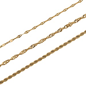 Set of 3 Chain Necklace in ION Plated YG Stainless Steel (Rope Chain, Link Chain and Cable Chain) (20-22 Inches)