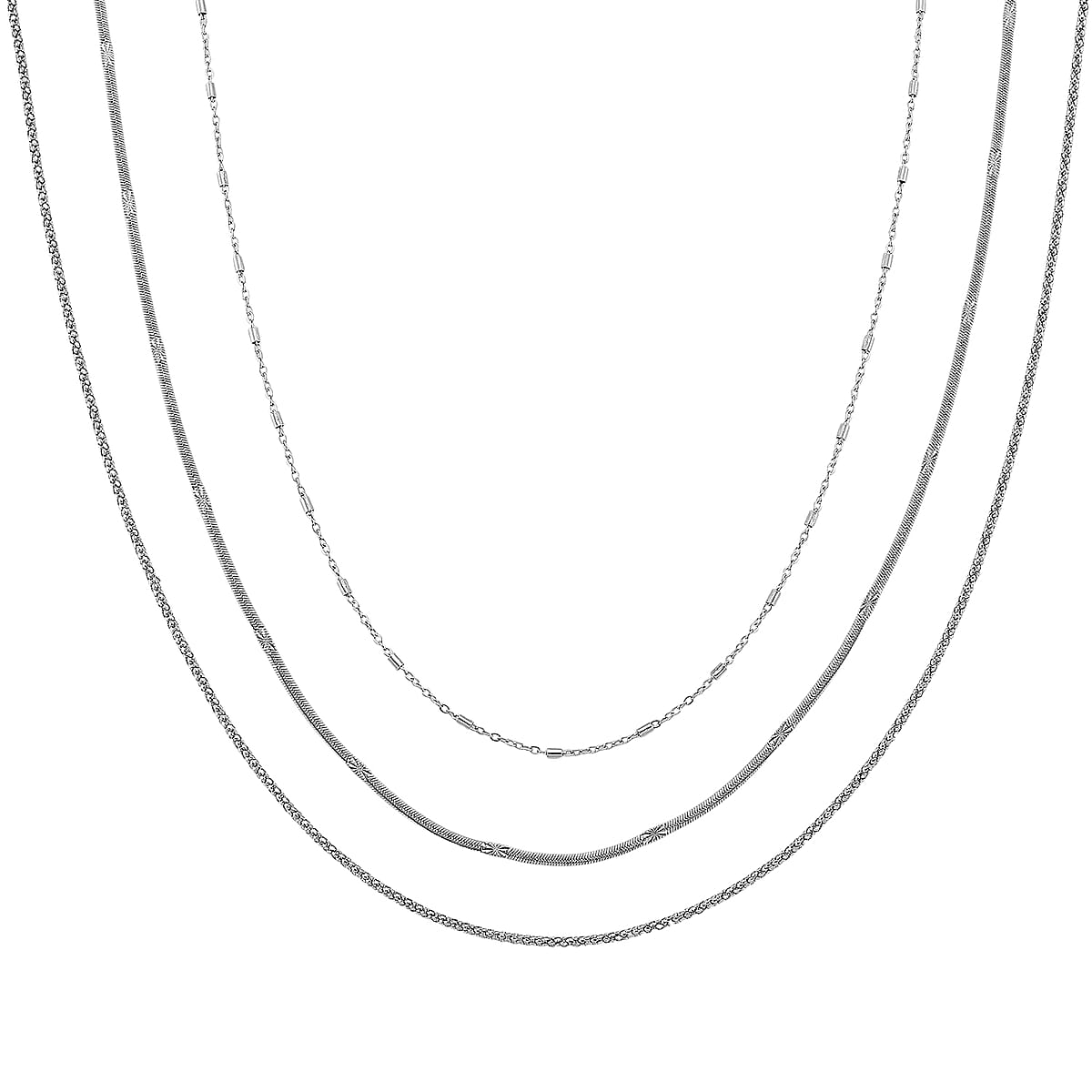 Doorbuster Set of 3 Snake, Link and Twisted Rope Chain Necklace in Stainless Steel 20-22 Inches image number 0