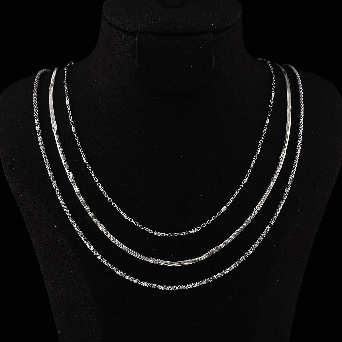 Doorbuster Set of 3 Snake, Link and Twisted Rope Chain Necklace in Stainless Steel 20-22 Inches image number 1