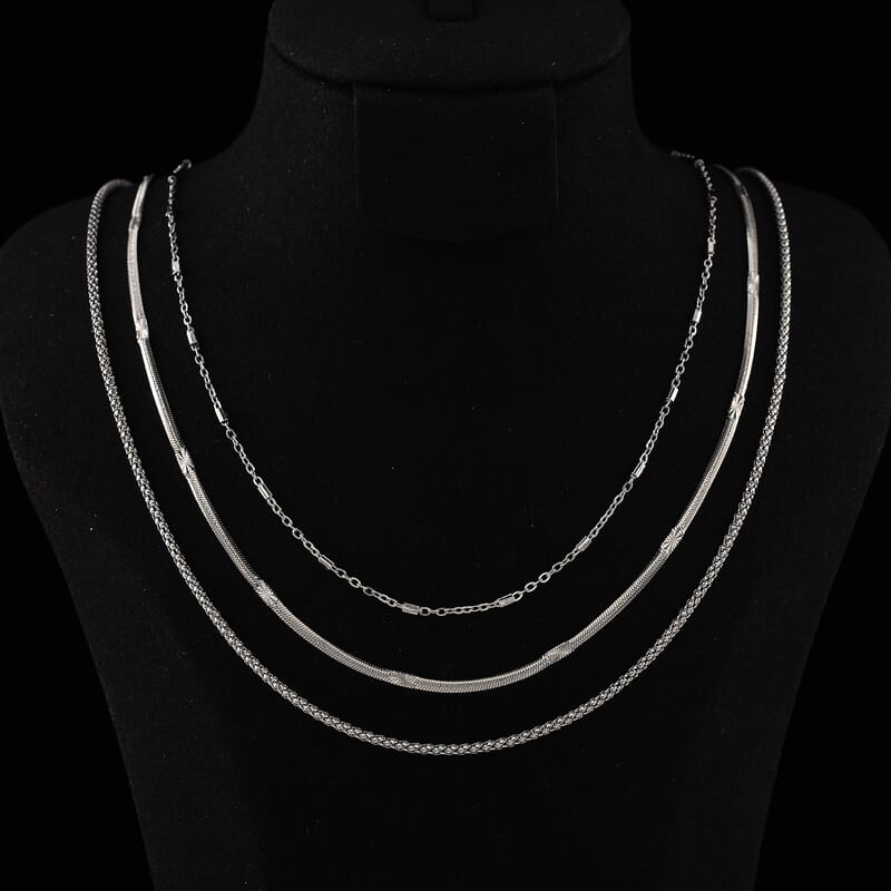  Set of 3 Snake, Link and Twisted Rope Chain Necklace in Stainless Steel 20-22 Inches