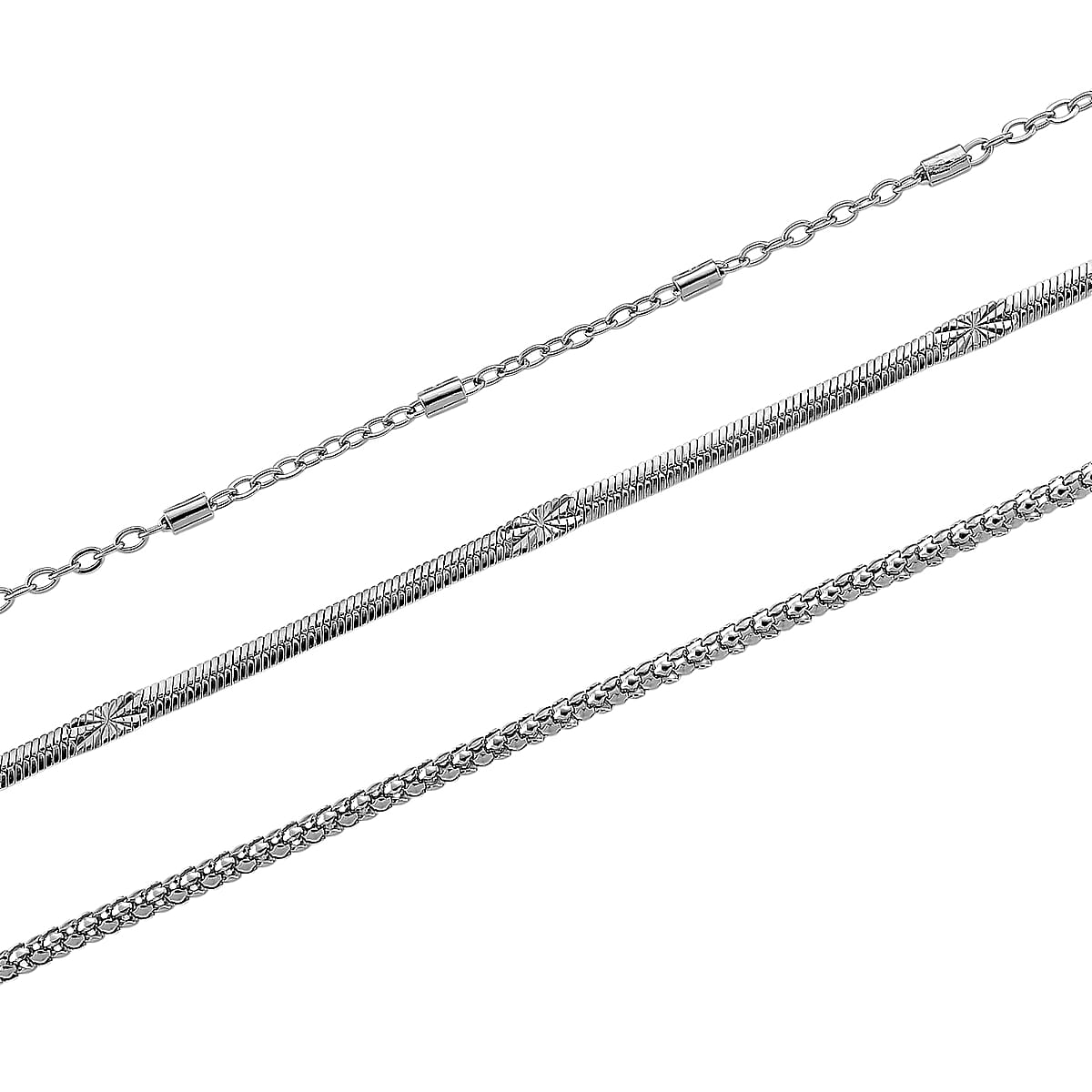 Doorbuster Set of 3 Snake, Link and Twisted Rope Chain Necklace in Stainless Steel 20-22 Inches image number 3