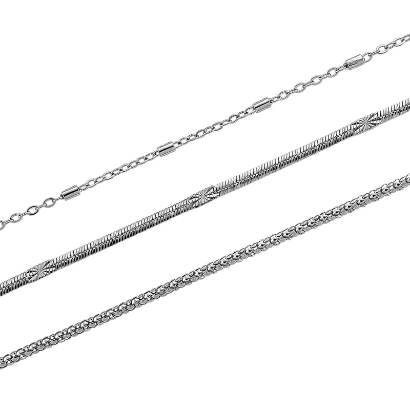  Set of 3 Snake, Link and Twisted Rope Chain Necklace in Stainless Steel 20-22 Inches