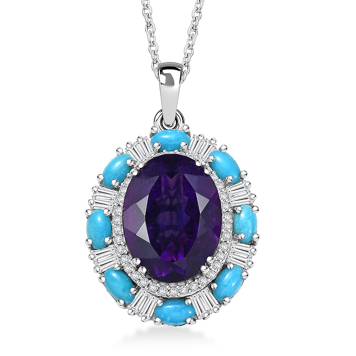 D'Joy African Amethyst and Multi Gemstone 11.20 ctw Sky Night Pendant Necklace in Rhodium Over Sterling Silver 20 Inches