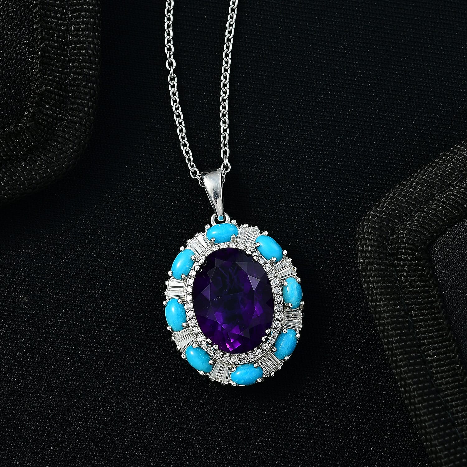 D'Joy African Amethyst and Multi Gemstone 11.20 ctw Sky Night Pendant Necklace in Rhodium Over Sterling Silver 20 Inches