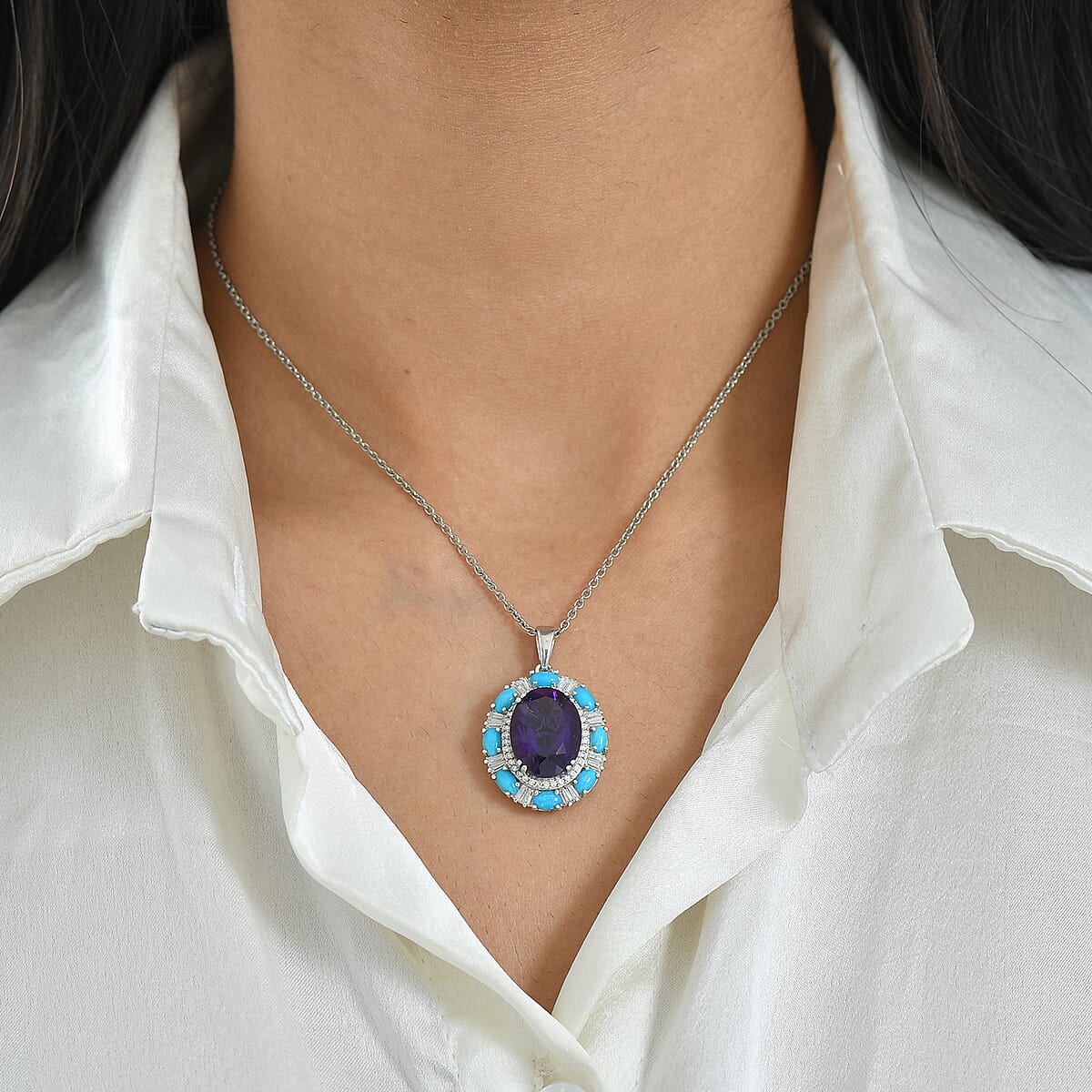 Doorbuster D'Joy African Amethyst and Multi Gemstone 11.20 ctw Sky Night Pendant Necklace in Rhodium Over Sterling Silver 20 Inches image number 2