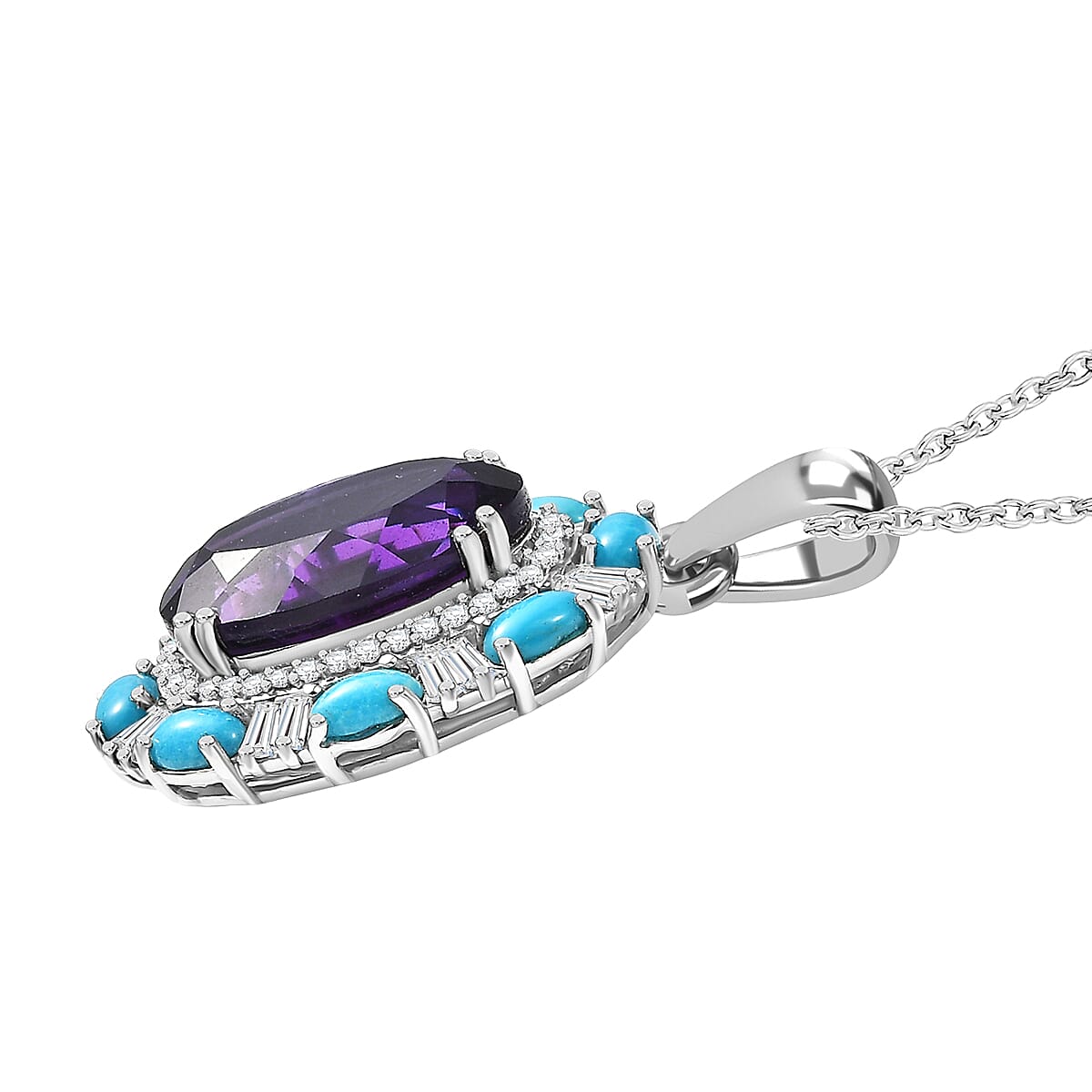 D'Joy African Amethyst and Multi Gemstone 11.20 ctw Sky Night Pendant Necklace in Rhodium Over Sterling Silver 20 Inches