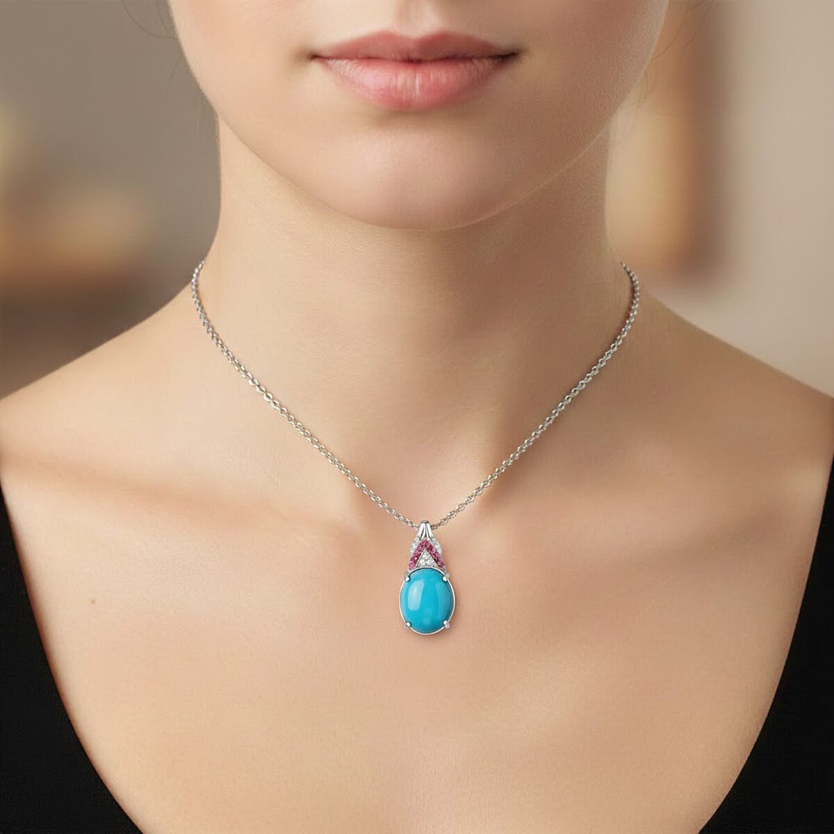 D'Joy Sleeping Beauty Turquoise and Multi Gemstone 3.50 ctw Royal Arch Spectrum Pendant Necklace in Rhodium Over Sterling Silver 20 Inches image number 2