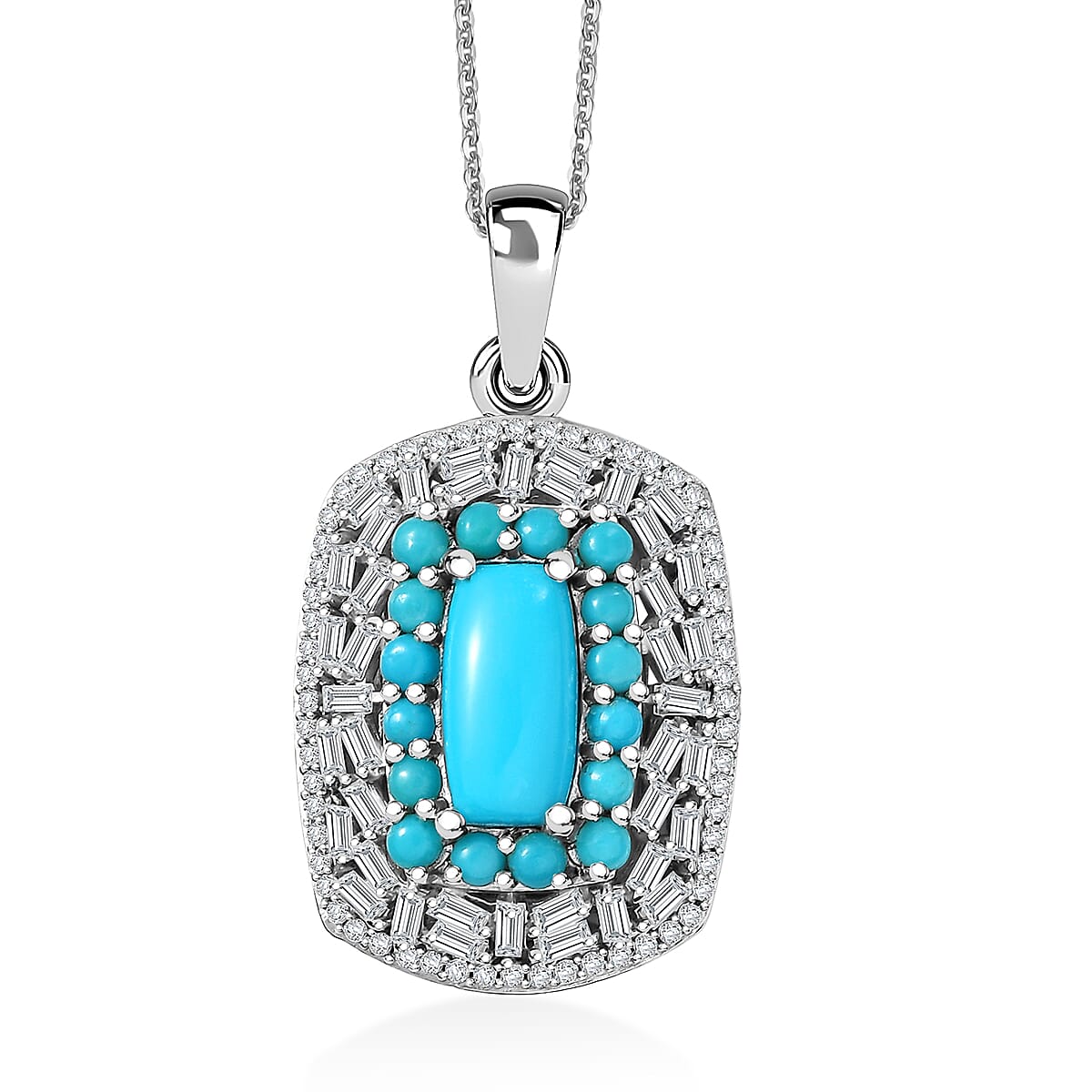 D'Joy Premium Sleeping Beauty Turquoise and Moissanite 3.25 ctw Starry Empress Pendant Necklace in Rhodium Over Sterling Silver 20 Inches image number 0