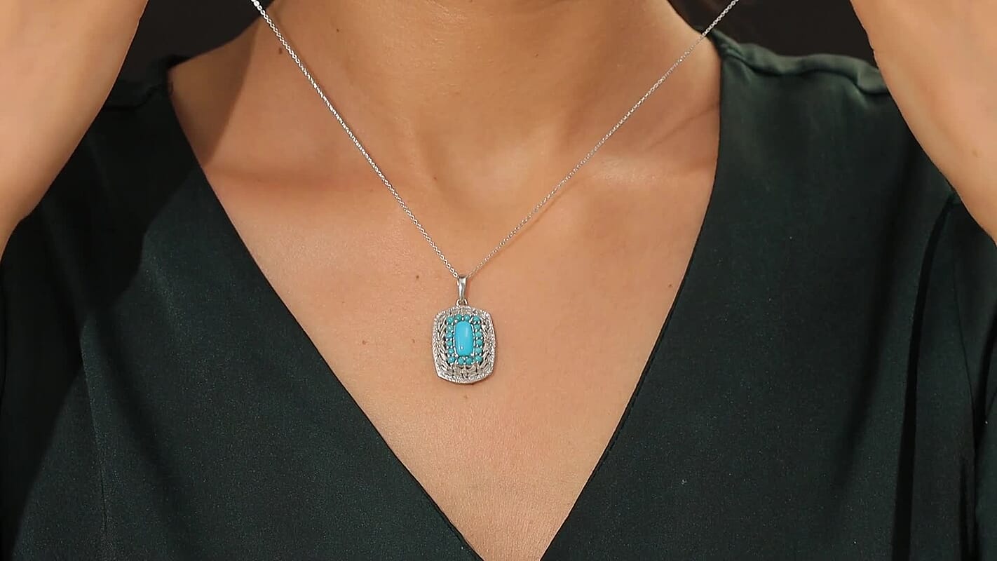 D'Joy Sleeping Beauty Turquoise, Moissanite Pendant Necklace in Rhodium Over Sterling Silver 3.25 ctw (20 Inches)