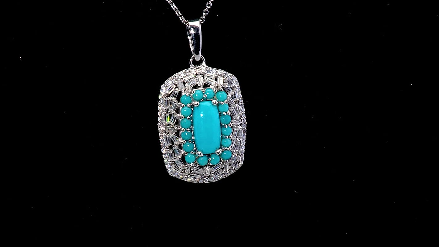 D'Joy Sleeping Beauty Turquoise, Moissanite Pendant Necklace in Rhodium Over Sterling Silver 3.25 ctw (20 Inches)