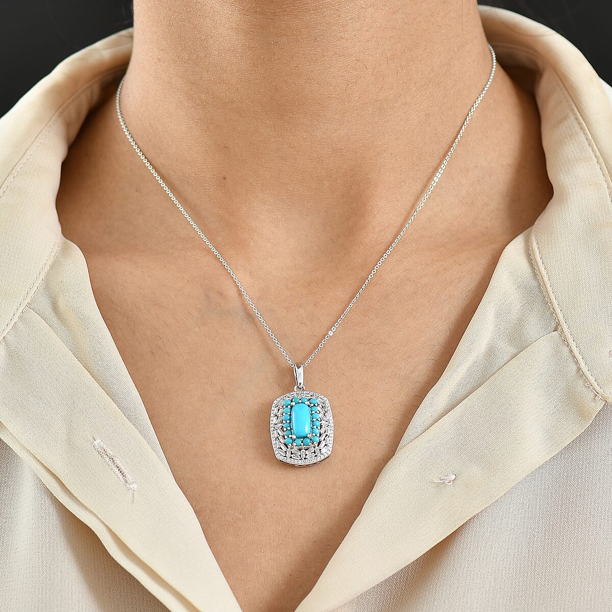 D'Joy Premium Sleeping Beauty Turquoise and Moissanite 3.25 ctw Starry Empress Pendant Necklace in Rhodium Over Sterling Silver 20 Inches image number 2