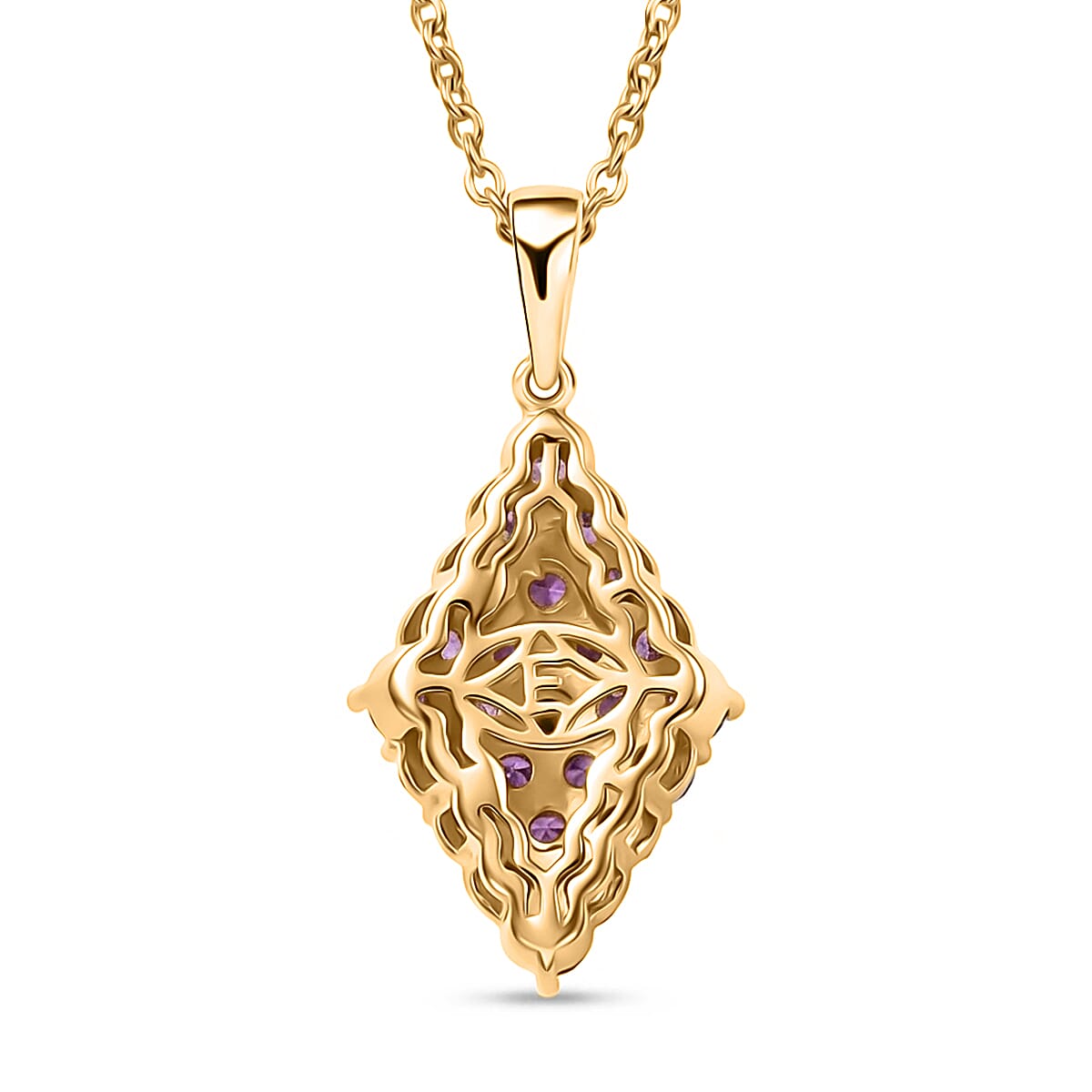 EverTrue Simulated Amethyst Color Diamond Pendant in 18K YG Plated with ION Plated YG Stainless Steel Necklace 20 Inches
