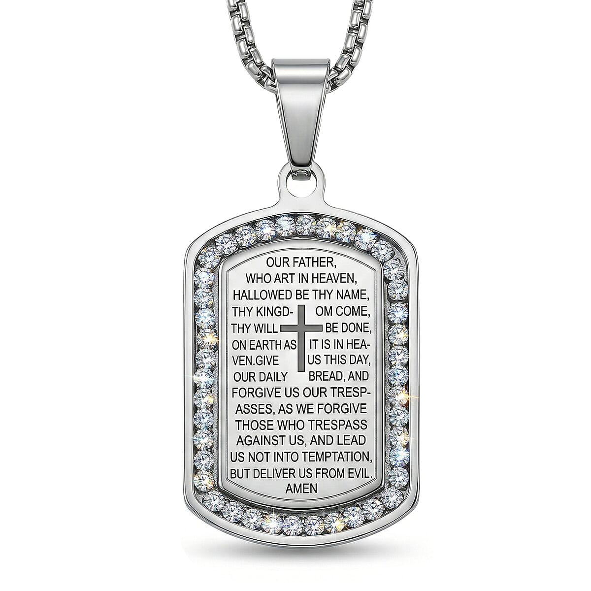 Simulated Diamond 0.85 ctw Lords Prayer Pendant Necklace 22 Inches in Stainless Steel 