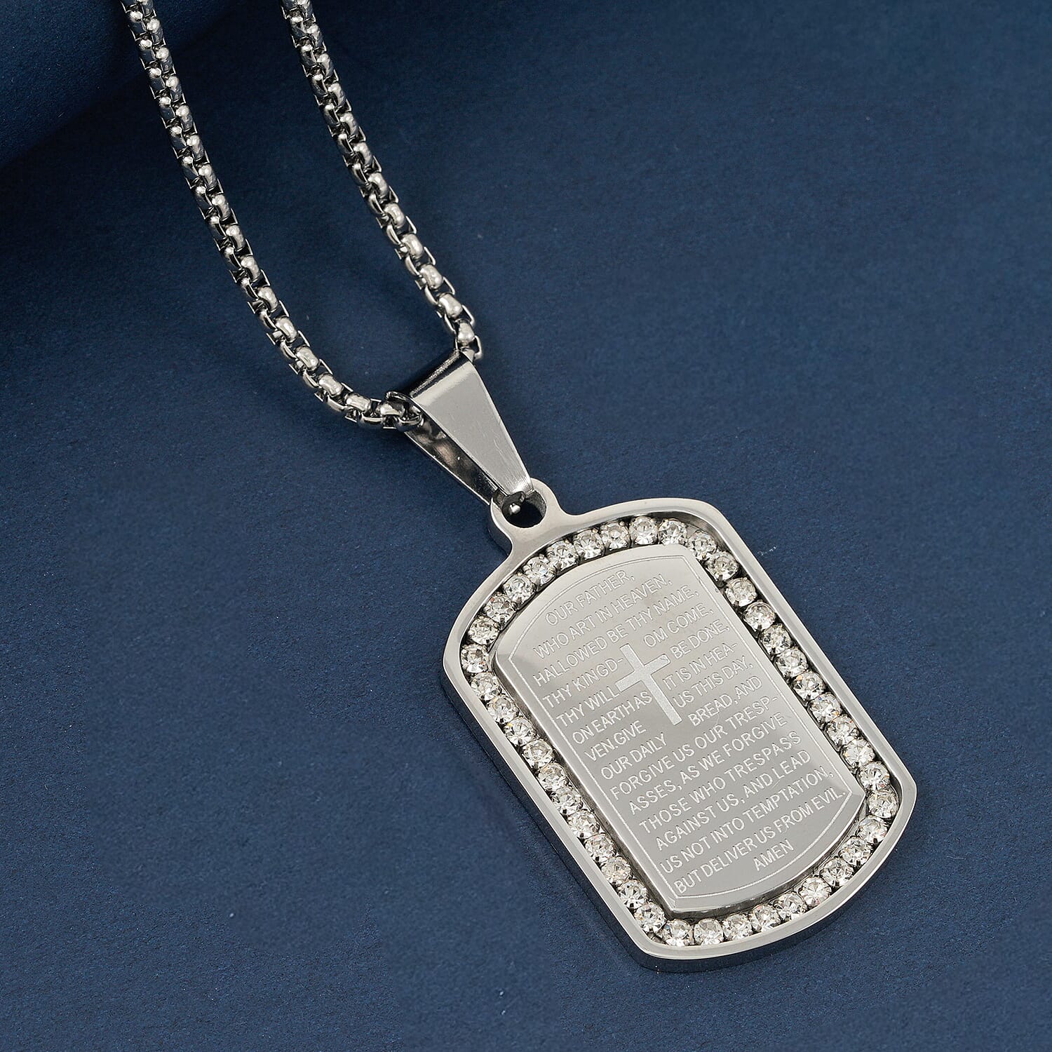 Simulated Diamond 0.85 ctw Lords Prayer Pendant Necklace 22 Inches in Stainless Steel 