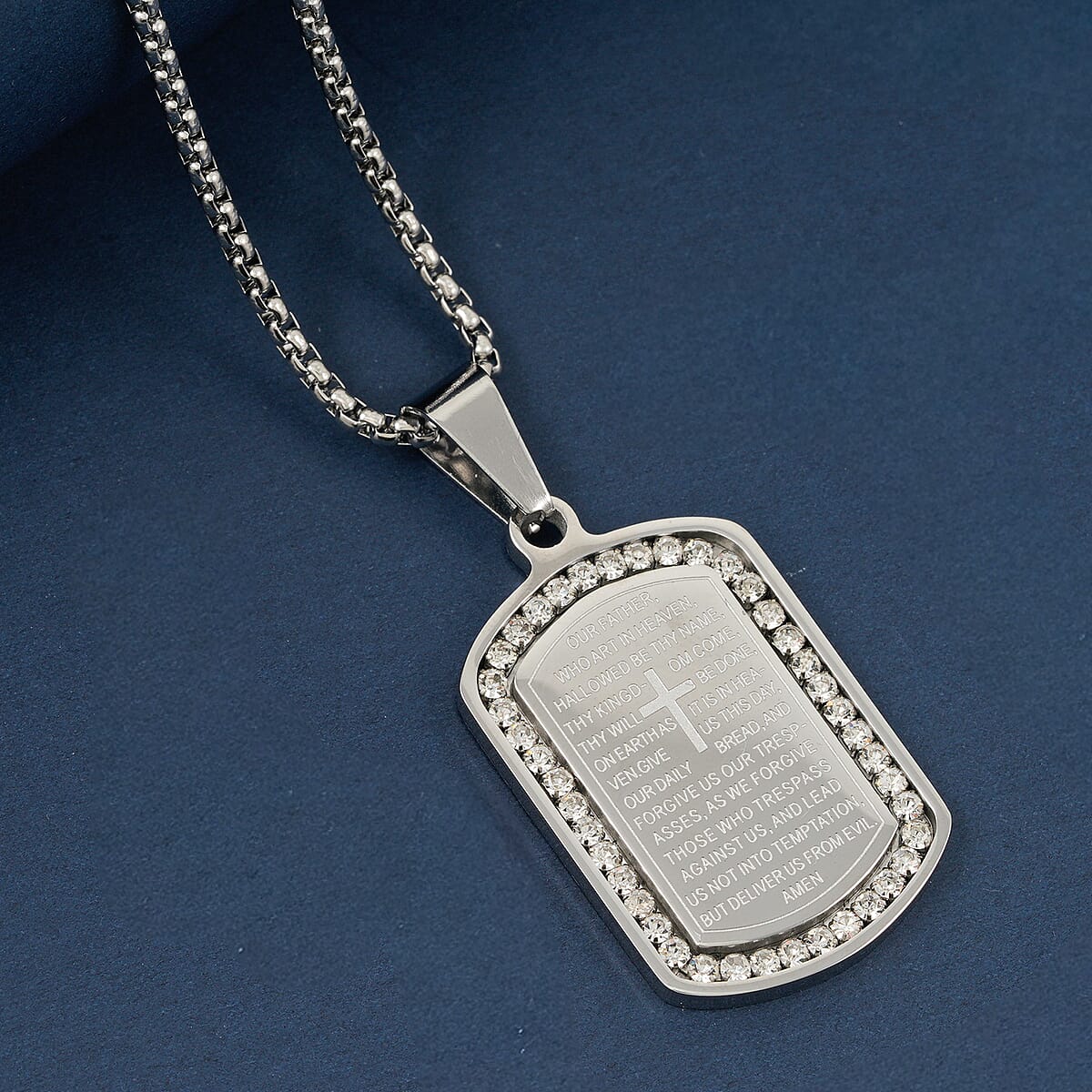 Simulated Diamond 0.85 ctw Lords Prayer Pendant Necklace 22 Inches in Stainless Steel  image number 1