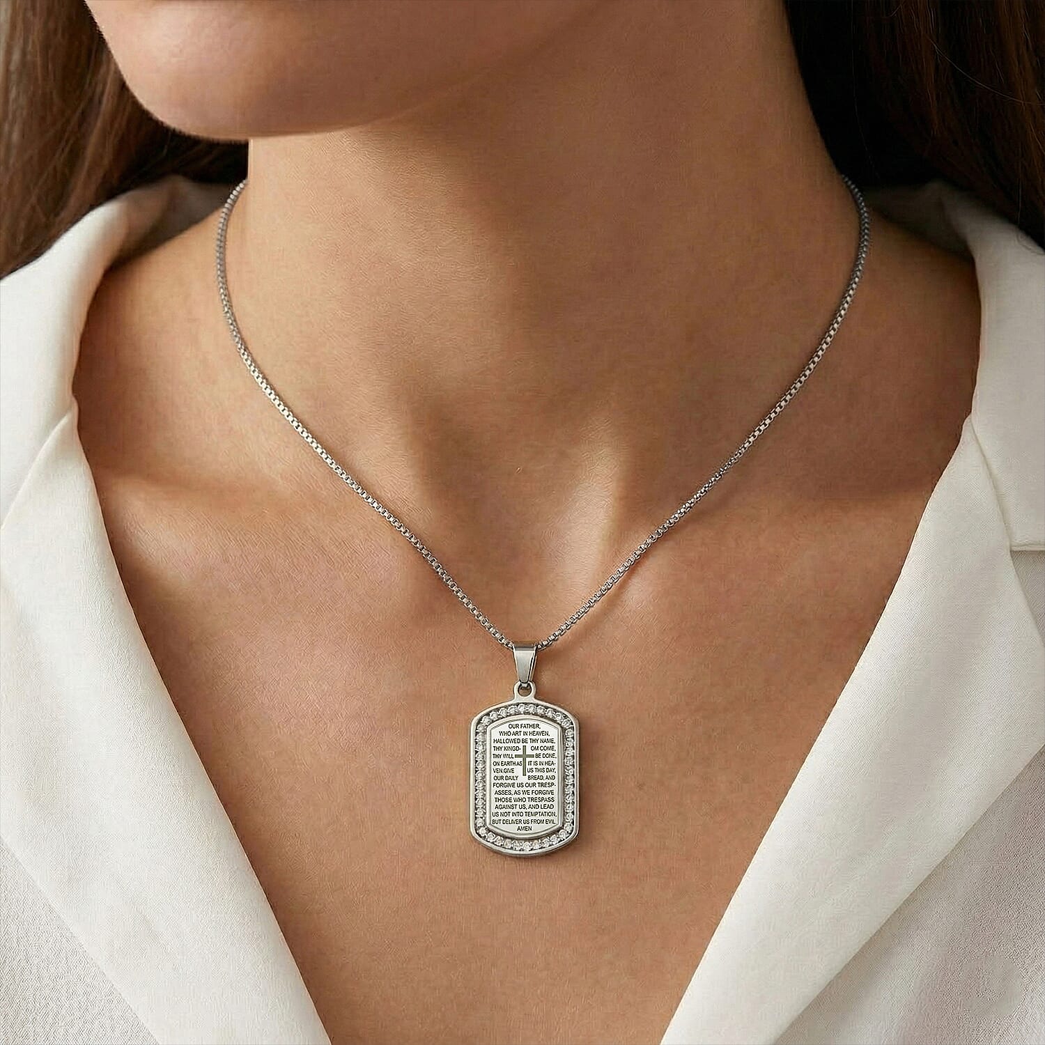 Simulated Diamond 0.85 ctw Lords Prayer Pendant Necklace 22 Inches in Stainless Steel 