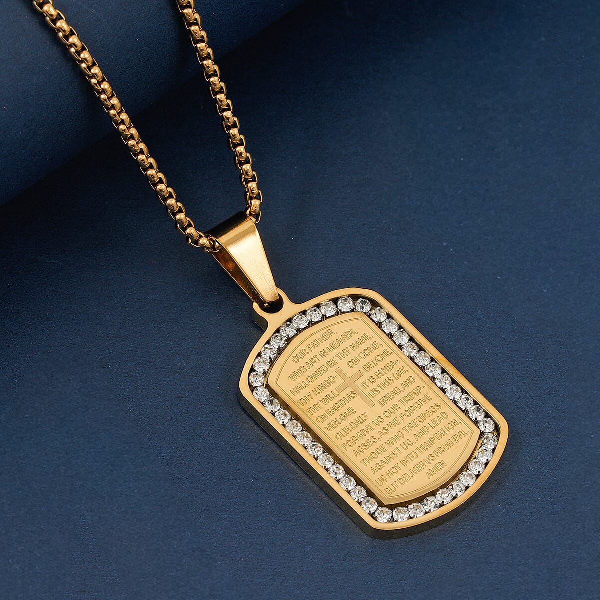 Simulated Diamond 0.85 ctw Lords Prayer Pendant Necklace 22 Inches in ION Plated YG Stainless Steel image number 1