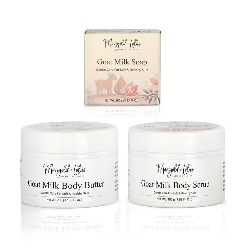 Marigold and Lotus Goat Milk Gentle Skin Set (Body scrub7.5oz, Body Butter 7.05oz, & Bar Soap 3.53oz)