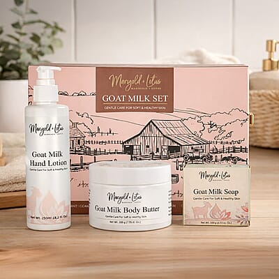 Marigold and Lotus Goat Milk Gentle Body Set (Bar Soap 3.53oz, Body Butter 7.05oz & Scrub 7.05oz)