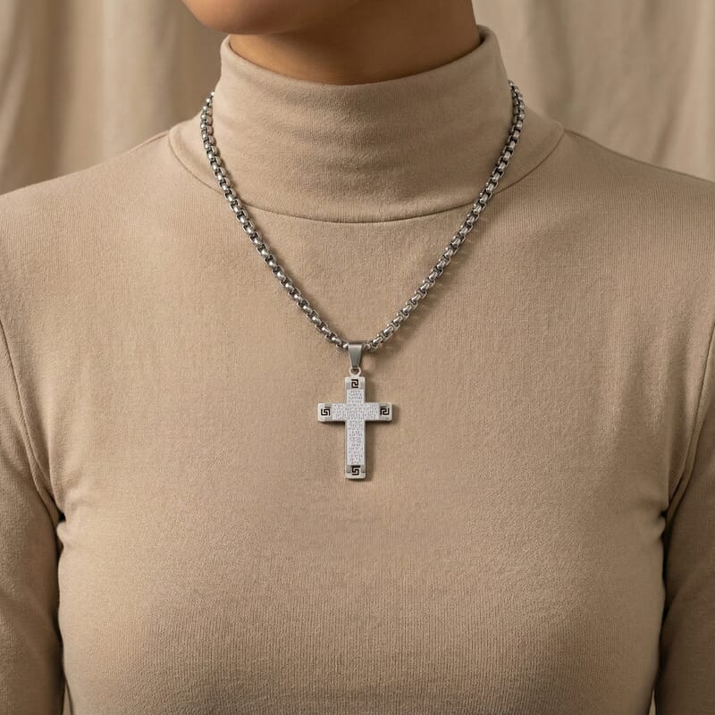 Lord Prayer Cross Pendant Necklace in Stainless Steel 22 Inches