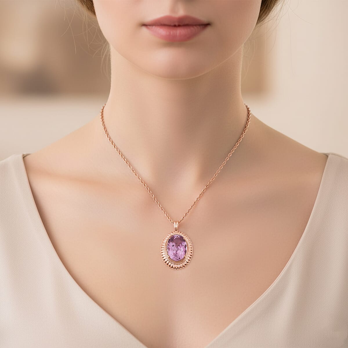 Certified & Appraised AAA Martha Rocha Kunzite 15.11 ctw Pendant Necklace in 10K Rose Gold 6.43 Grams 18 Inches image number 2