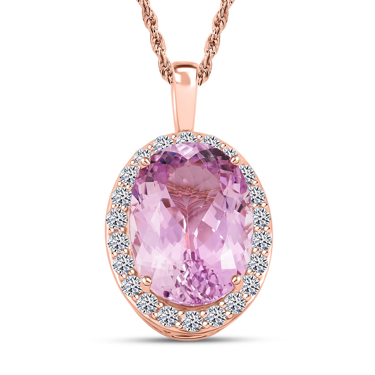Certified & Appraised AAA Martha Rocha Kunzite and Luxuriant Lab Grown Diamond E-F VS 14.00 ctw Pendant Necklace in 10K Rose Gold 5.55 Grams 18 Inches image number 0