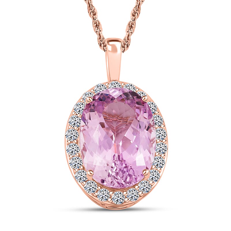 Certified & Appraised AAA Martha Rocha Kunzite and Luxuriant Lab Grown Diamond E-F VS 14.00 ctw Pendant Necklace in 10K Rose Gold 5.55 Grams 18 Inches