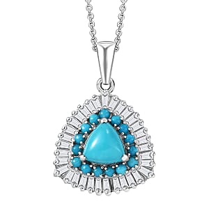 D'Joy Sleeping Beauty Turquoise and Moissanite 3.35 ctw Crown Glow Pendant Necklace in Rhodium Over Sterling Silver 20 Inches (Del. in 7-10 Days) 
