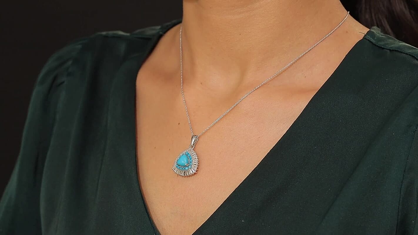 D'Joy Sleeping Beauty Turquoise, Moissanite Pendant Necklace in Rhodium Over Sterling Silver 3.35 ctw (20 Inches) (Del. in 7-10 Days)