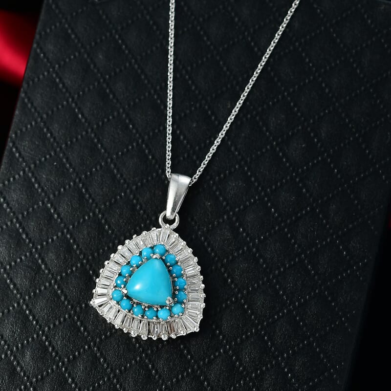 D'Joy Sleeping Beauty Turquoise, Moissanite Pendant Necklace in Rhodium Over Sterling Silver 3.35 ctw (20 Inches)