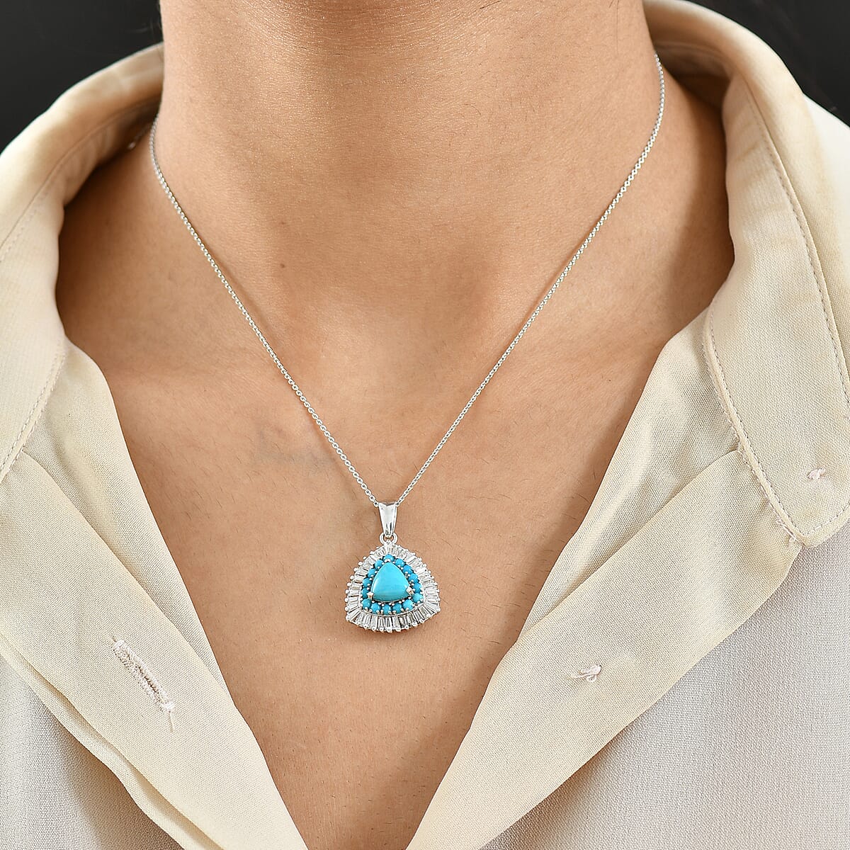 D'Joy Sleeping Beauty Turquoise and Moissanite 3.35 ctw Crown Glow Pendant Necklace in Rhodium Over Sterling Silver 20 Inches (Del. in 7-10 Days)  image number 2