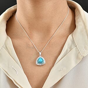 D'Joy Sleeping Beauty Turquoise, Moissanite Pendant Necklace in Rhodium Over Sterling Silver 3.35 ctw (20 Inches) (Del. in 7-10 Days)