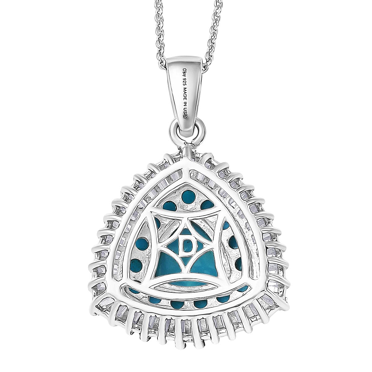 D'Joy Sleeping Beauty Turquoise and Moissanite 3.35 ctw Crown Glow Pendant Necklace in Rhodium Over Sterling Silver 20 Inches (Del. in 7-10 Days)  image number 4