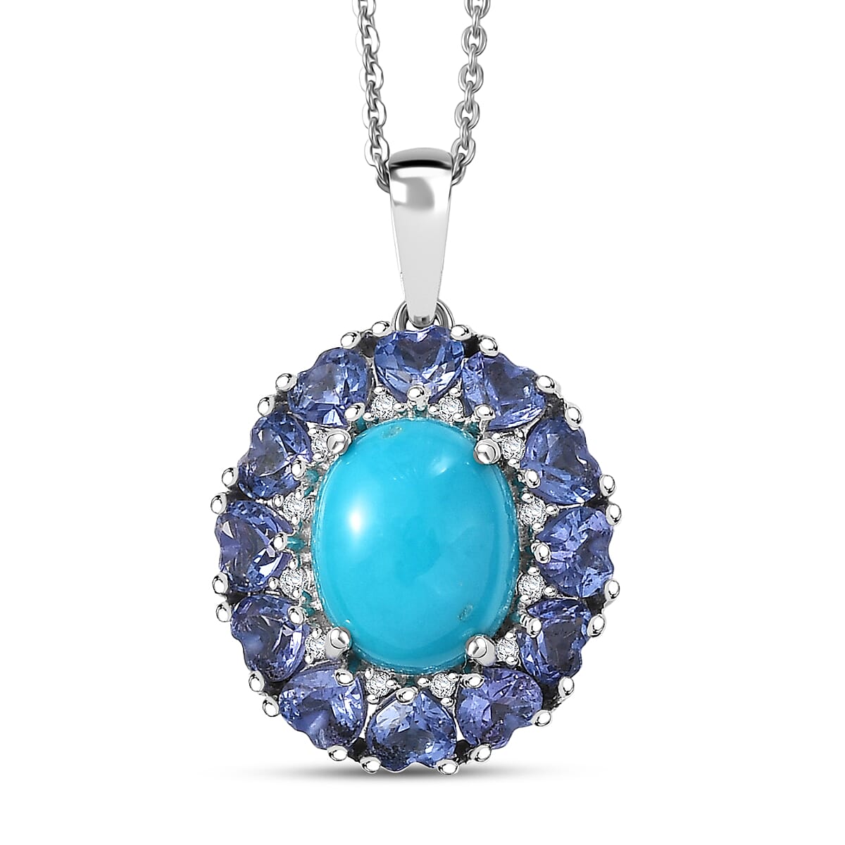 D'Joy Sleeping Beauty Turquoise and Multi Gemstone 4.50 ctw Royale Bloom Pendant Necklace in Rhodium Over Sterling Silver 20 Inches image number 0