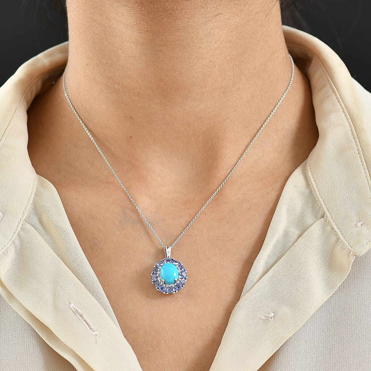 D'Joy Sleeping Beauty Turquoise and Multi Gemstone 4.50 ctw Royale Bloom Pendant Necklace in Rhodium Over Sterling Silver 20 Inches image number 2