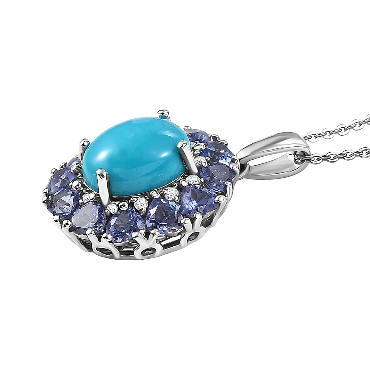 D'Joy Sleeping Beauty Turquoise and Multi Gemstone 4.50 ctw Royale Bloom Pendant Necklace in Rhodium Over Sterling Silver 20 Inches image number 3