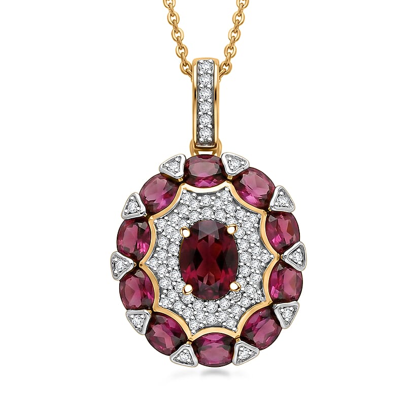 D'Joy AAA Radiant Ember Garnet and White Zircon 3.85 ctw Zinnia Floral Pendant Necklace in 18K Vermeil Yellow Gold Over Sterling Silver (20 Inches)