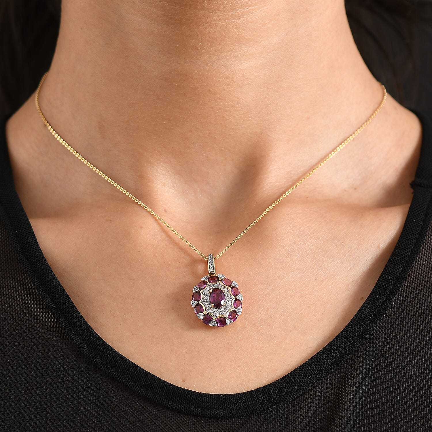 D'Joy AAA Radiant Ember Garnet and White Zircon 3.85 ctw Zinnia Floral Pendant Necklace in 18K Vermeil Yellow Gold Over Sterling Silver (20 Inches)