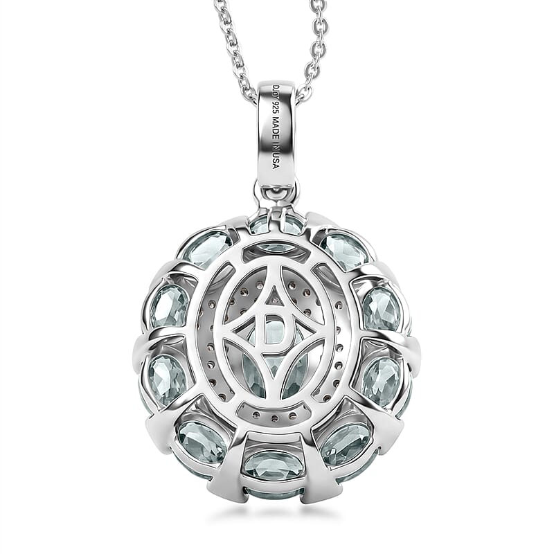 D'Joy Cambodian Blue Zircon and White Zircon 4.50 ctw Zinnia Floral Pendant Necklace in Rhodium Over Sterling Silver (20 Inches)