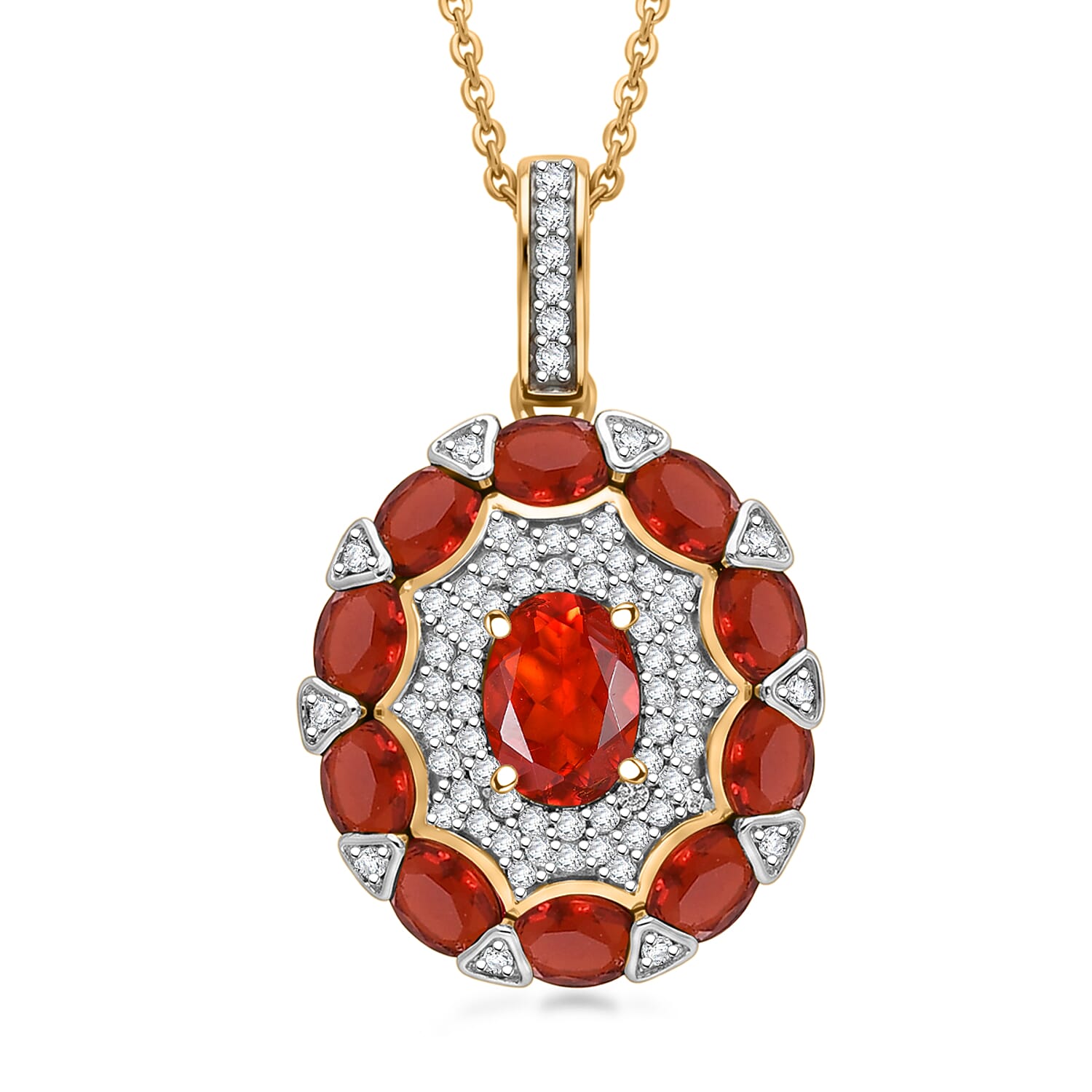 D'Joy Mexican Cherry Fire Opal and White Zircon 2.35 ctw Zinnia Floral Pendant Necklace in 18K Vermeil Yellow Gold Over Sterling