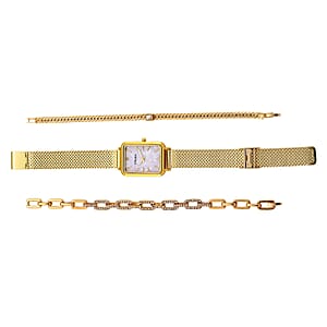 Strada Austrian Crystal Japanese Movement Fake MOP Dial Watch and 2 Pcs Goltone Bracelet (7-7.5In)