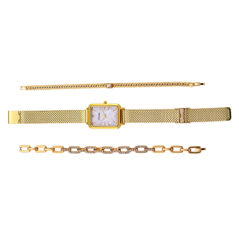 Strada Austrian Crystal Japanese Movement Fake MOP Dial Watch and 2 Pcs Goldtone Bracelet (7-7.5In)