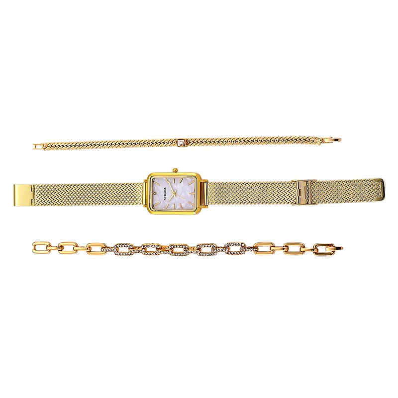 Strada Austrian Crystal Japanese Movement Fake MOP Dial Watch and 2 Pcs Goltone Bracelet (7-7.5In)